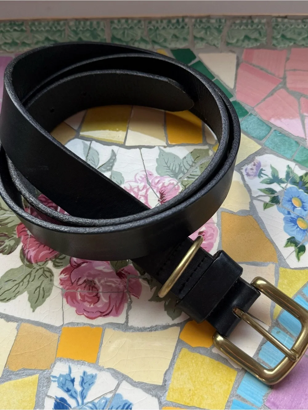 Black Leather Belt Size Large 36-40 with Solid Brass Metal Buckle Unbranded